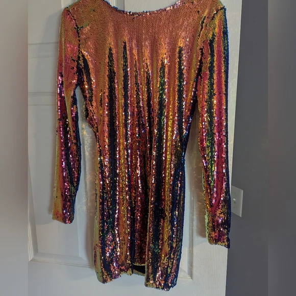 Chrome Sequin Backless Long Sleeve Dress - Picture 1 of 6